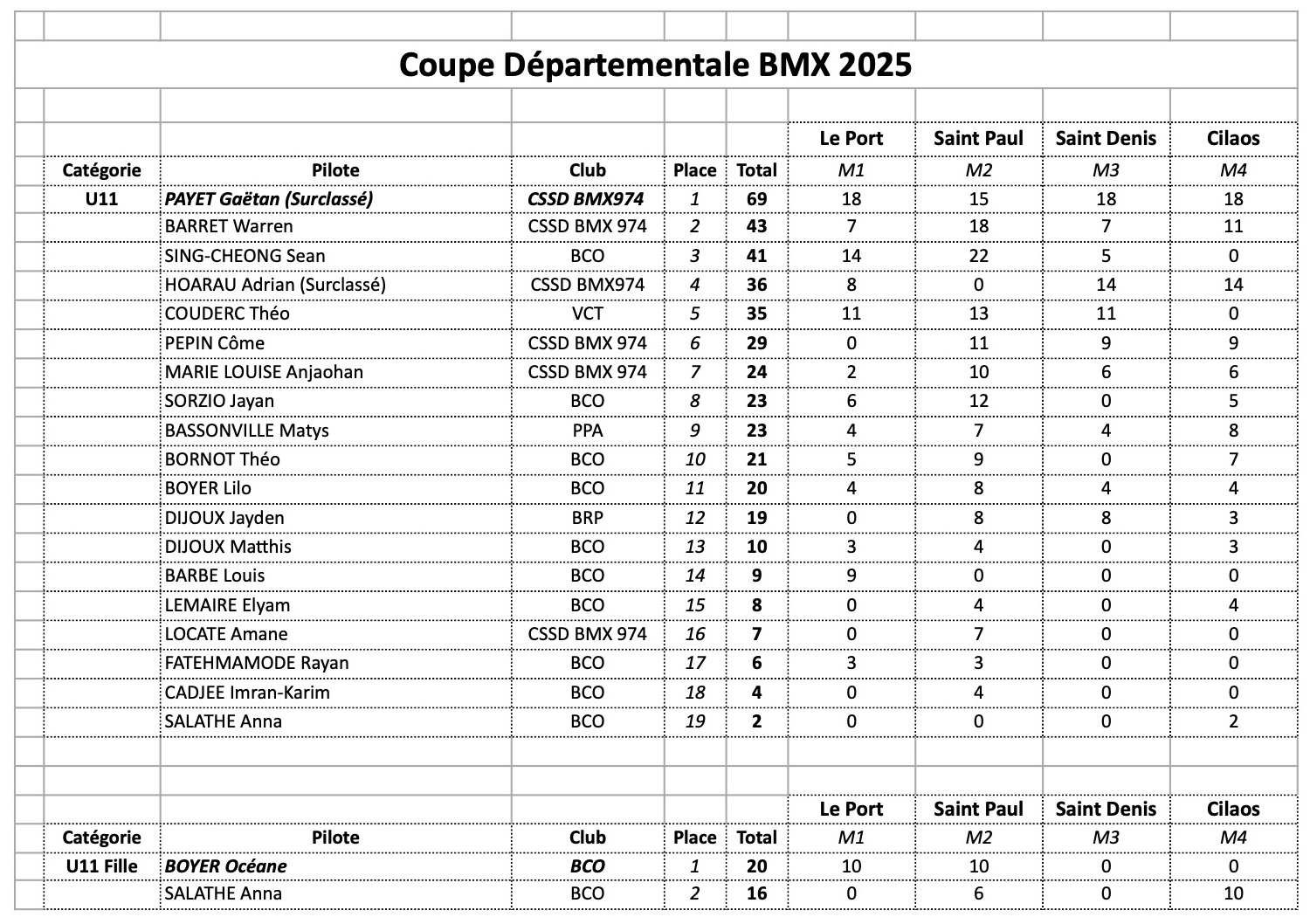 Coupe Dpartementale - classement gnral final 