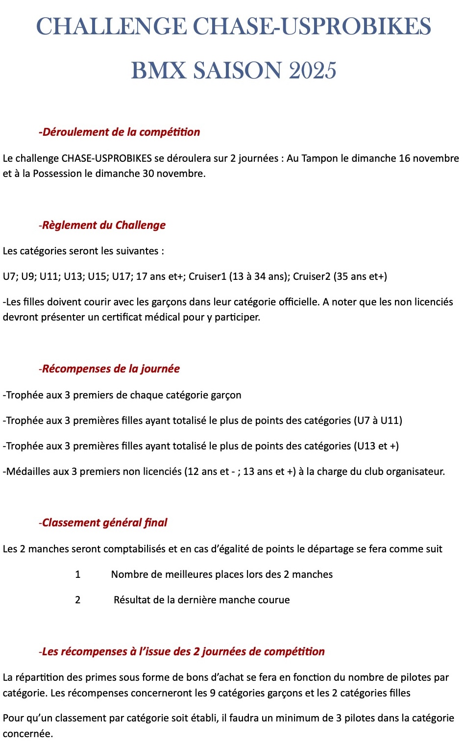 Le rglement du CHALLENGE CHASE-USPROBIKES